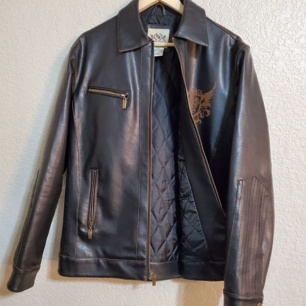 Men's Toxic Hazard Faux Leather Jacket Black/Brown Size M